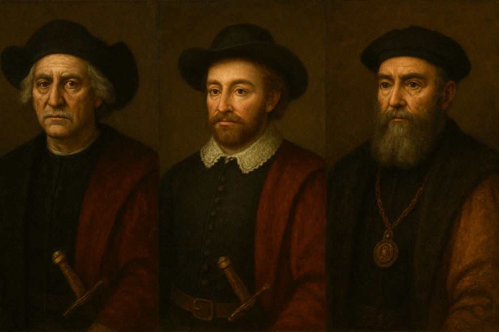Christopher Columbus, Sir Francis drake, Vasco de Gama (From Left to Right)