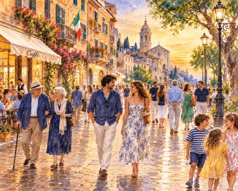 People enjoying an evening passeggiata in an Italian town