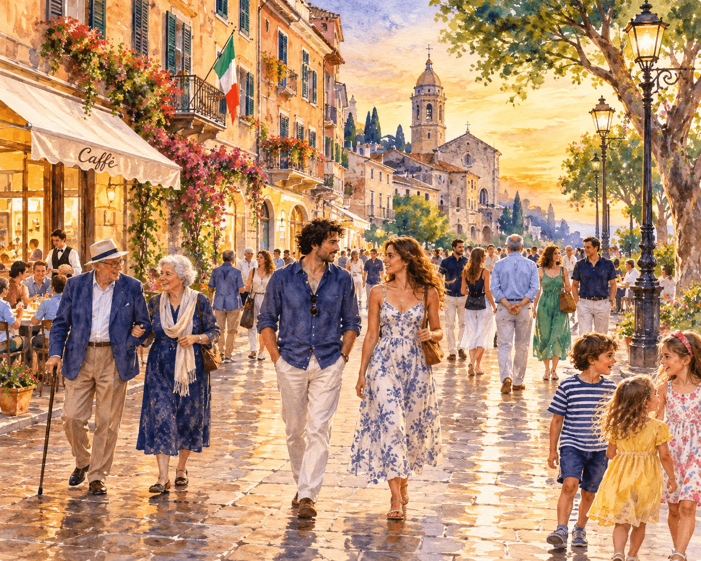 People enjoying an evening passeggiata in an Italian town