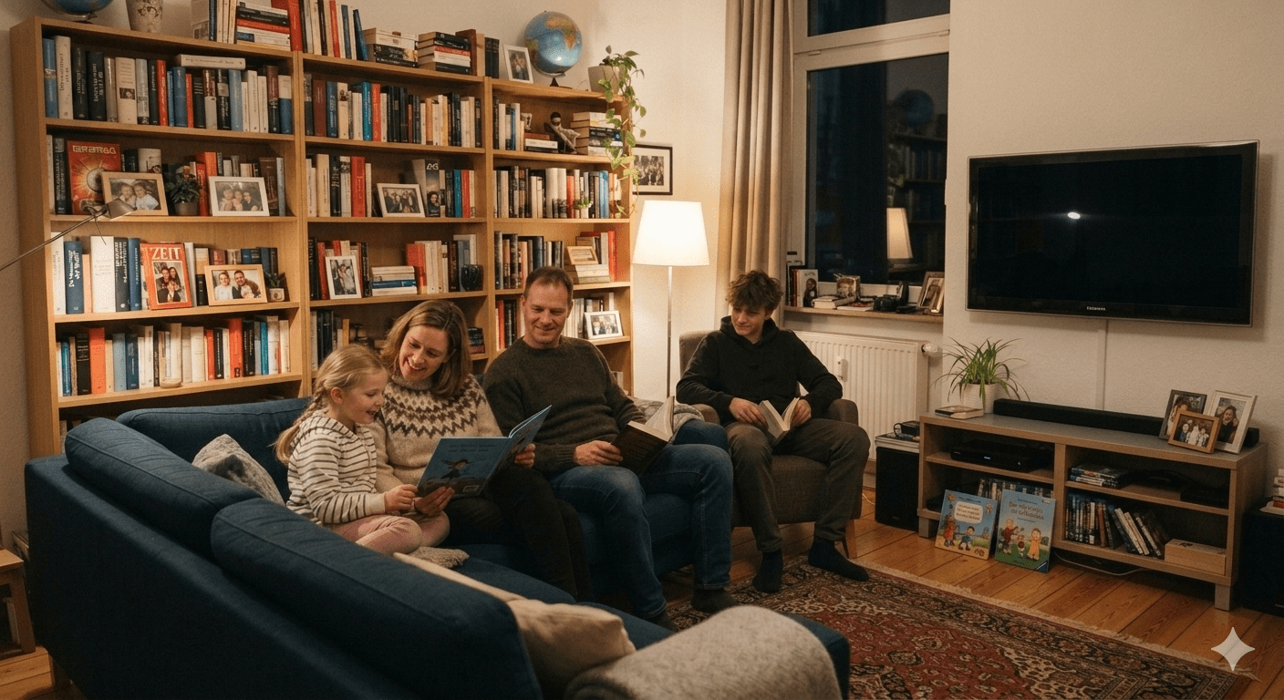 Some people may enjoy books in German homes after coffee.