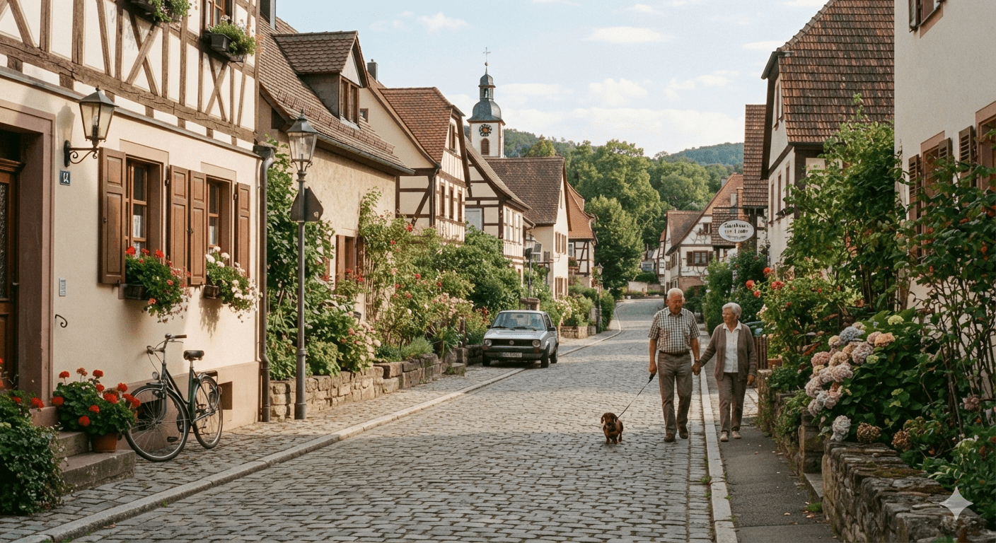 An ordinary German weekend with a quiet street, homes, trees and people walking