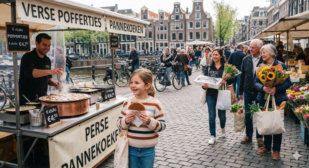 A Dutch stall selling Poffertjes. A child enjoys stroopwafel. Adults by flowers and things for kitchen on weekend.
