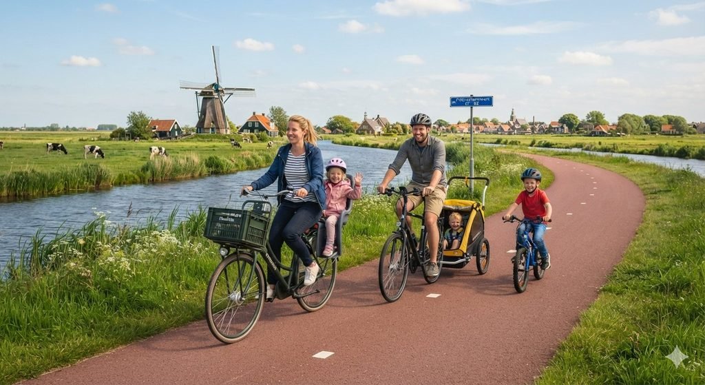 A Dutch family, on a weekend, following a cycle path through the countryside.