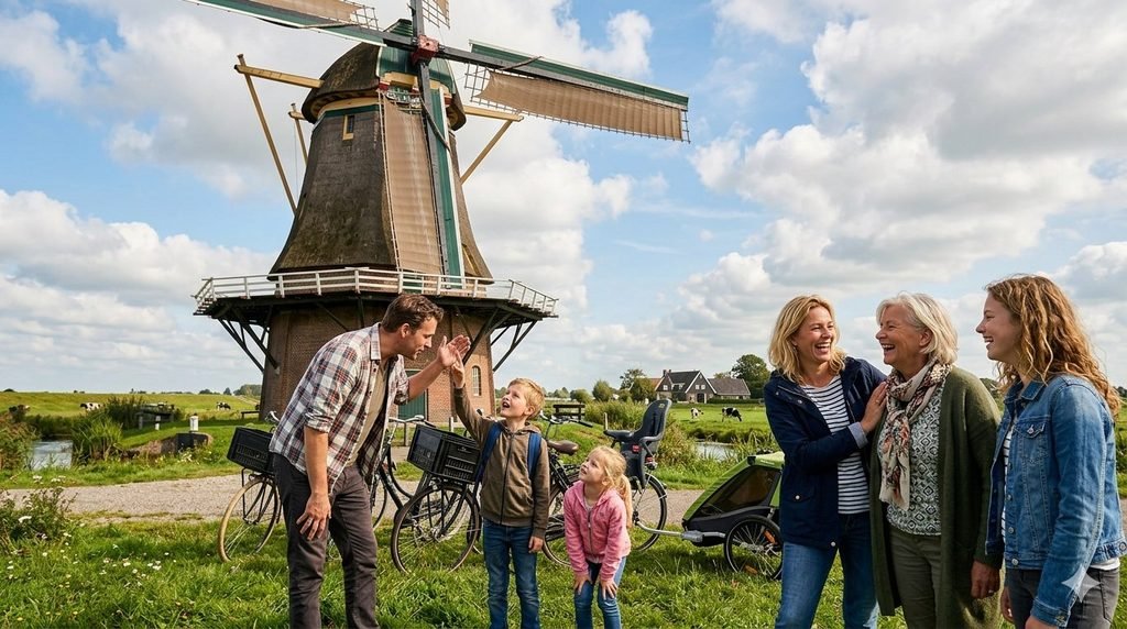 A Dutch family visiting a Windmill premises on a weekend. Children amaze at its giant structure.