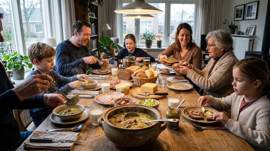 A Dutch lunch table on a cold Sunday with bowl of Erwtensoep.