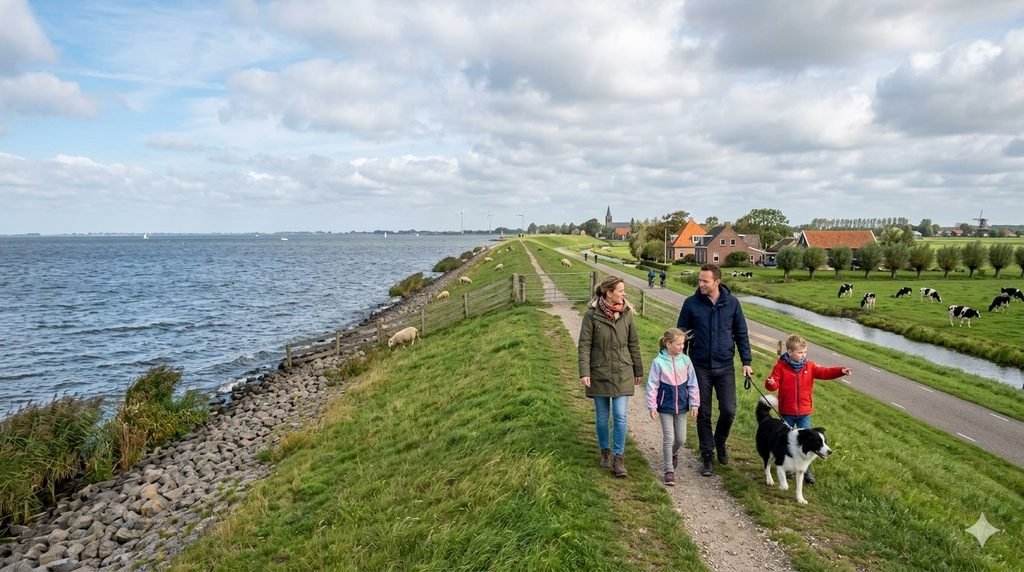 A Dutch family walking along a dike. From one side they can see water. From the other fields or grasses.