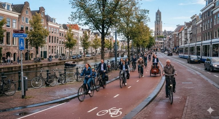 Dedicated cycle paths in a Dutch city.