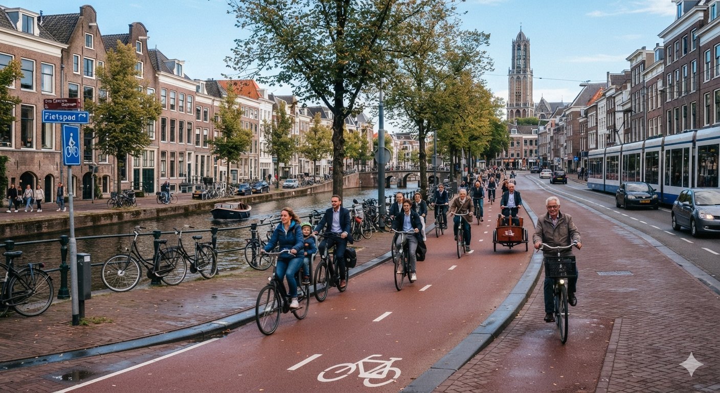 Dedicated cycle paths in a Dutch city.