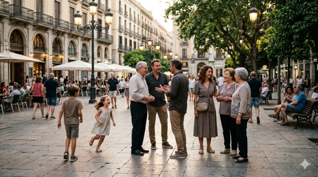 Evening grows gradually out of the afternoon. Perhaps a Spanish family goes for a paseo—a simple evening walk.
