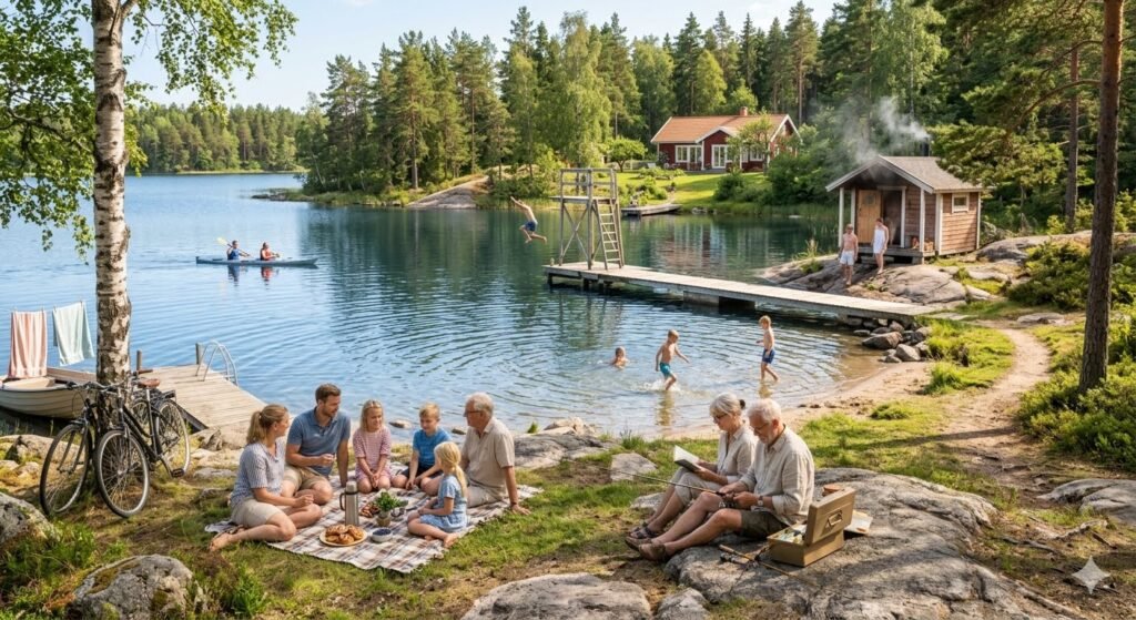 People besides lake during Swedish Summer