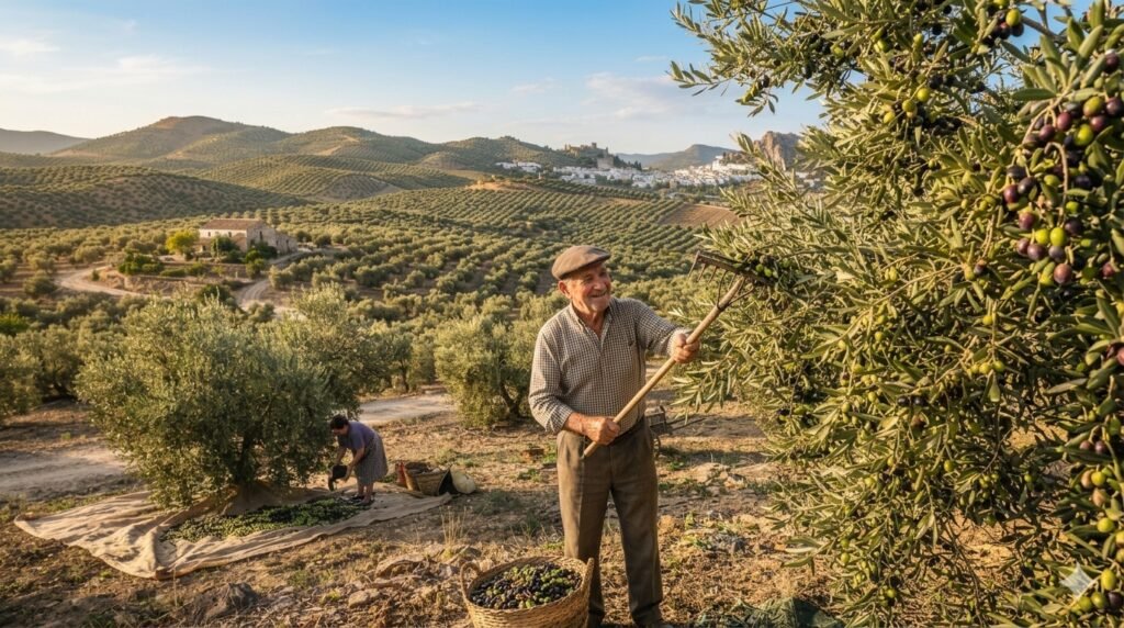 The olive oil carries us towards the sunlit groves of southern and central Spain
