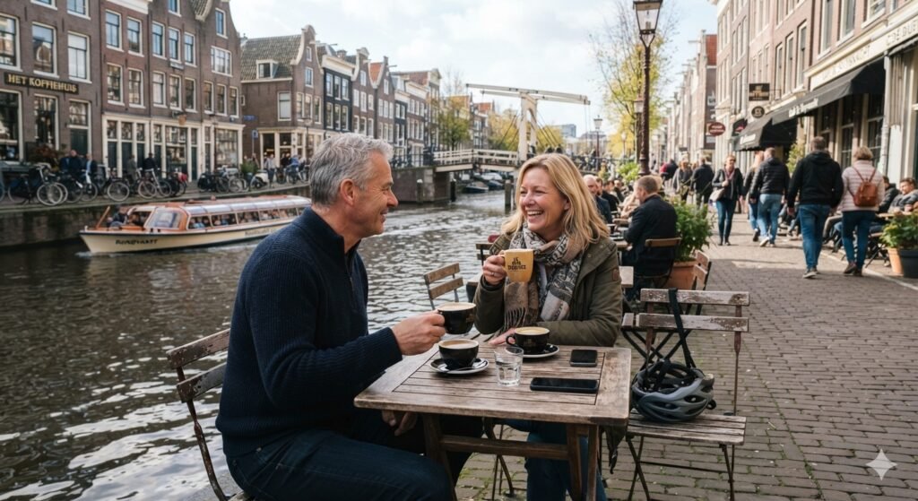 Dutch adults may sit besides canal with coffee.