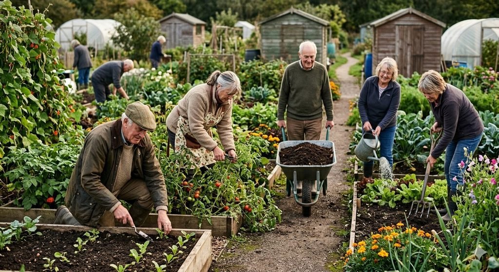 Aged British persons working on their "shared allotment" and keeping themselves engaged and fit.