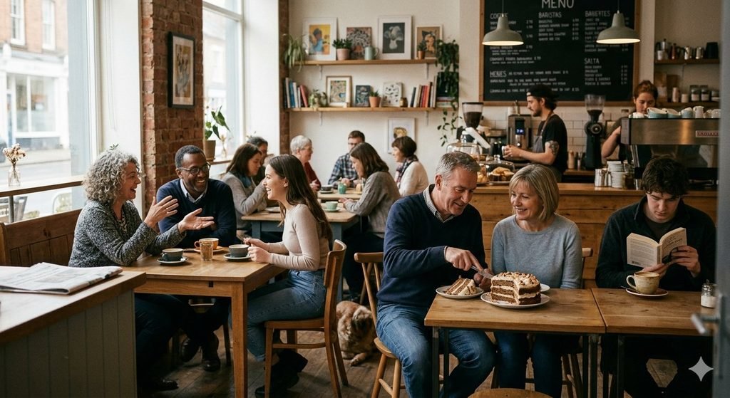  At a Cafe, friends exchange news, a couple share a cake, and someone sitting alone enjoys a book beside a cup of coffee.