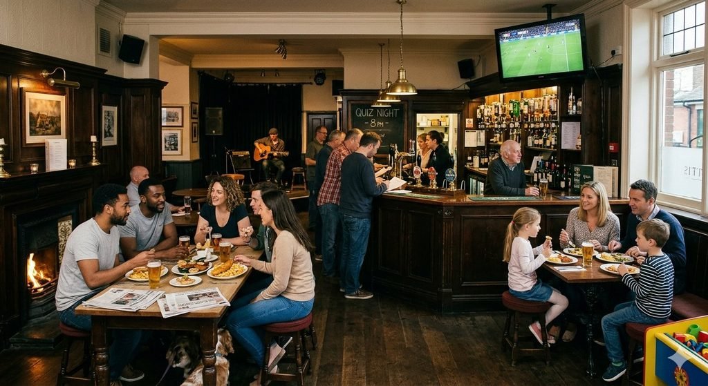 An obvious role of a pub is about the human need for places where friendship can continue beyond the home.