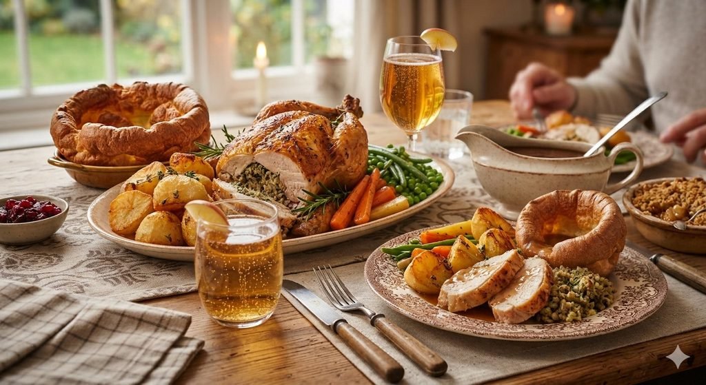 The traditional Sunday roast may feature lamb, chicken or pork, accompanied by roast potatoes, vegetables, gravy and, in many English households, Yorkshire pudding. 