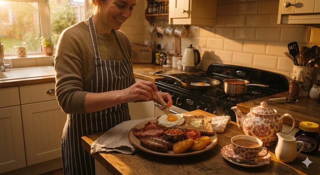 A traditional English breakfast plate in the late morning